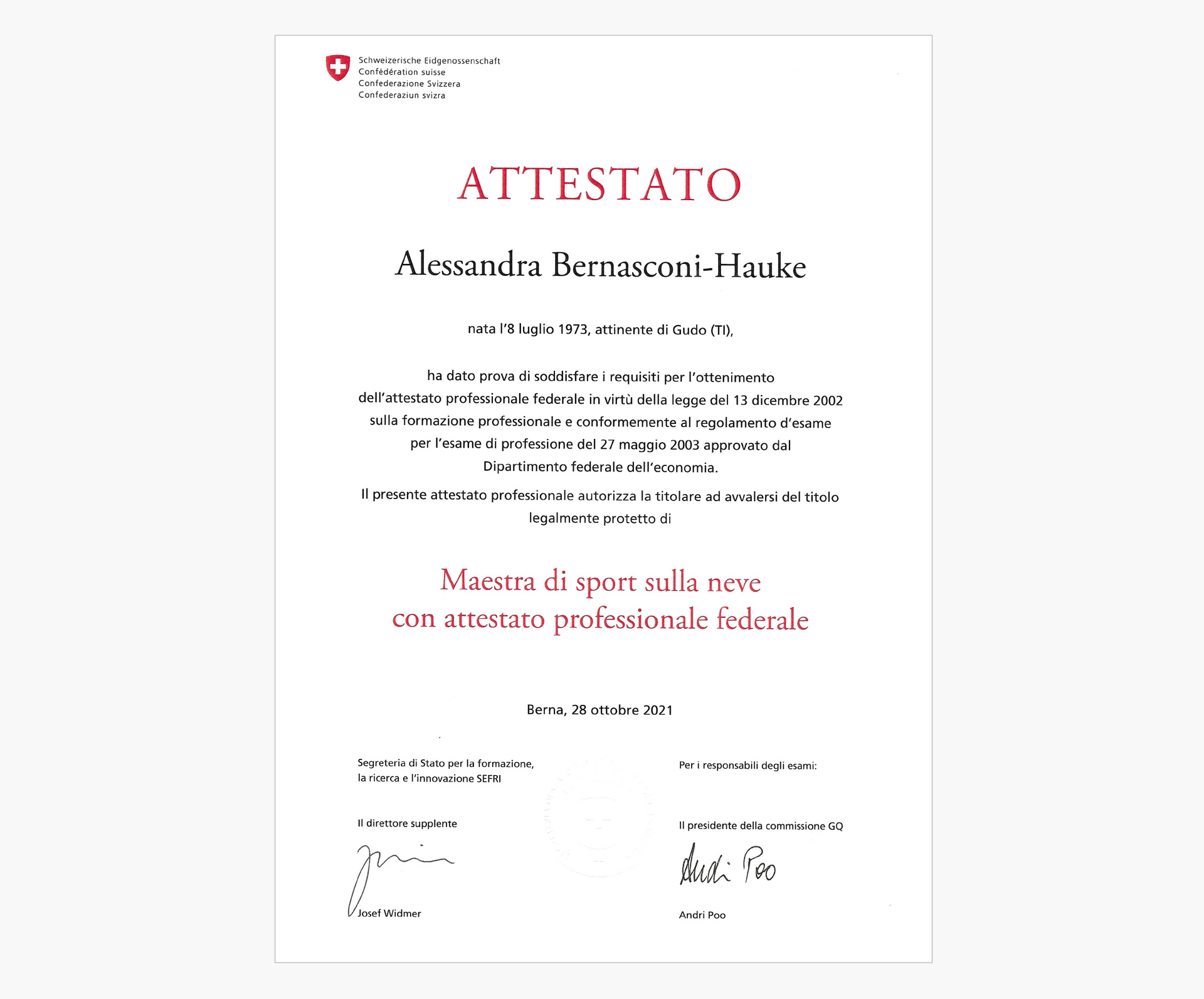 Attestato professionale federale maestra di sporto sulla neve 