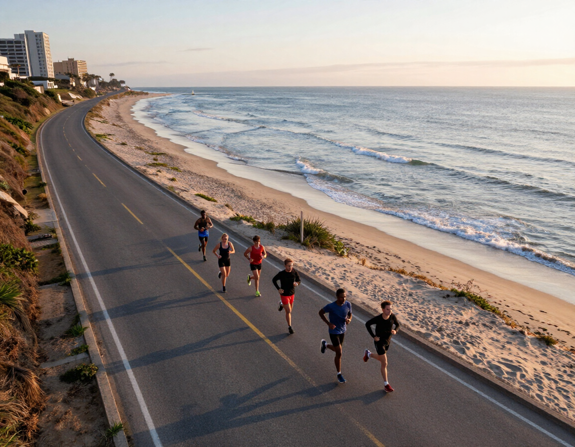 Elevated view of runners on a beachfront road
