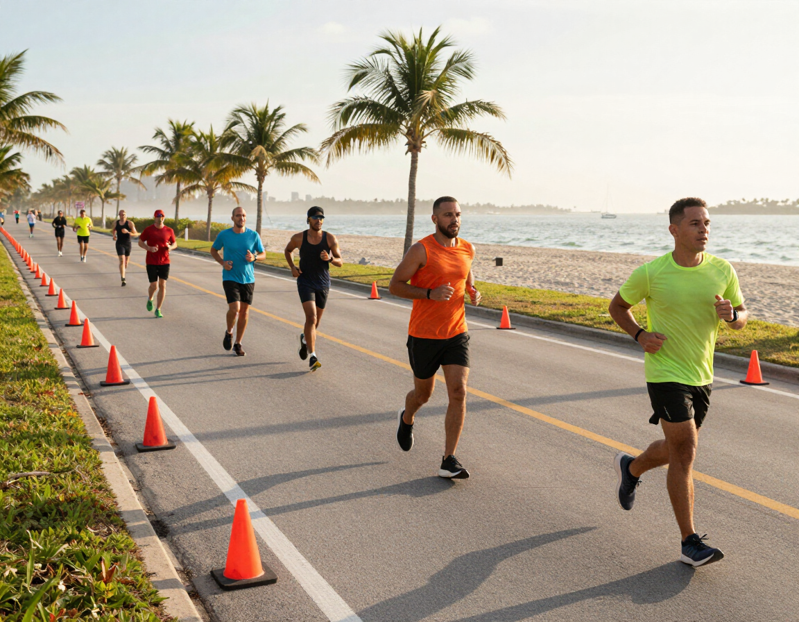 Runners on a cone-lined coastal roadway