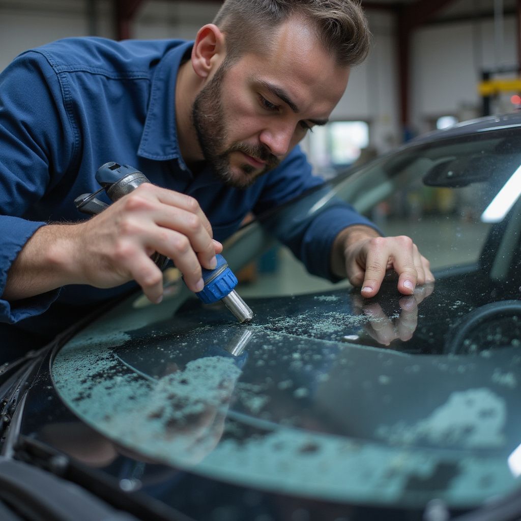 Man in blue shirt using a tool to repair windshield in a garage.