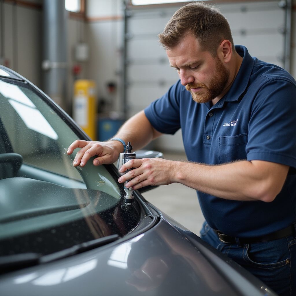 Man in blue shirt working on a car windshield, applying sealant. Workshop setting.