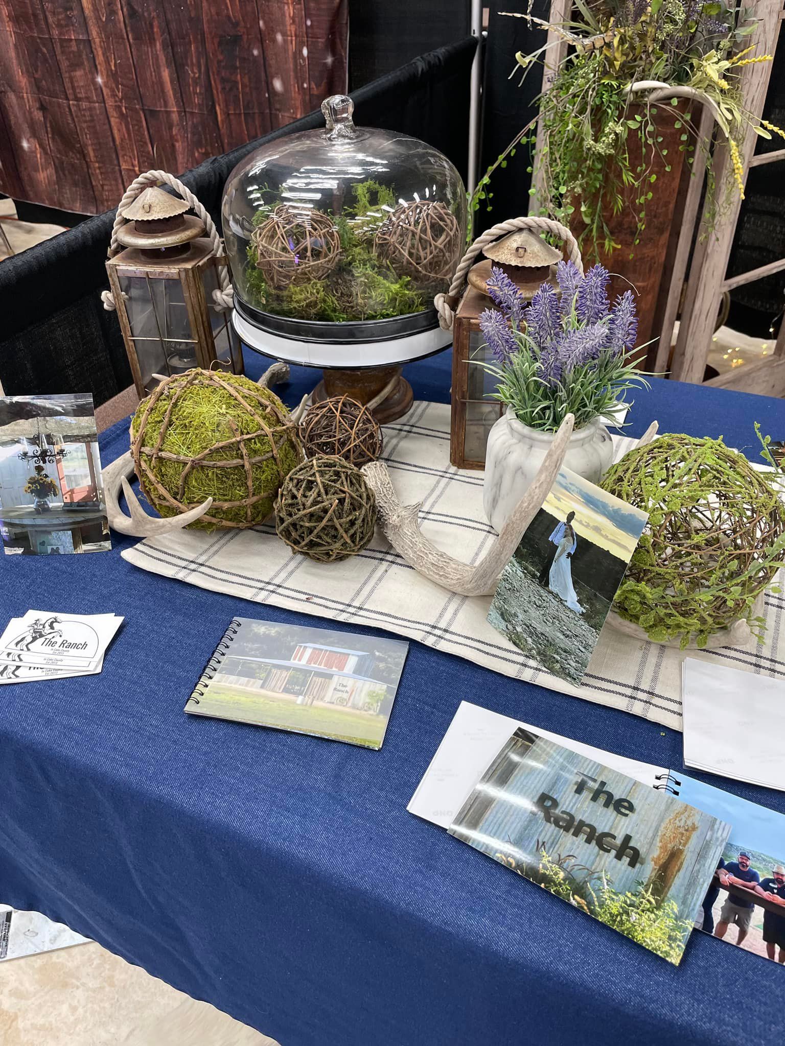 Moss-covered fairy garden displays on a blue tablecloth at an outdoor market stall.