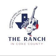 Logo for The Ranch in Coke County with Texas outline, guitar, and “Weddings, events, live music, bar, and farm” text