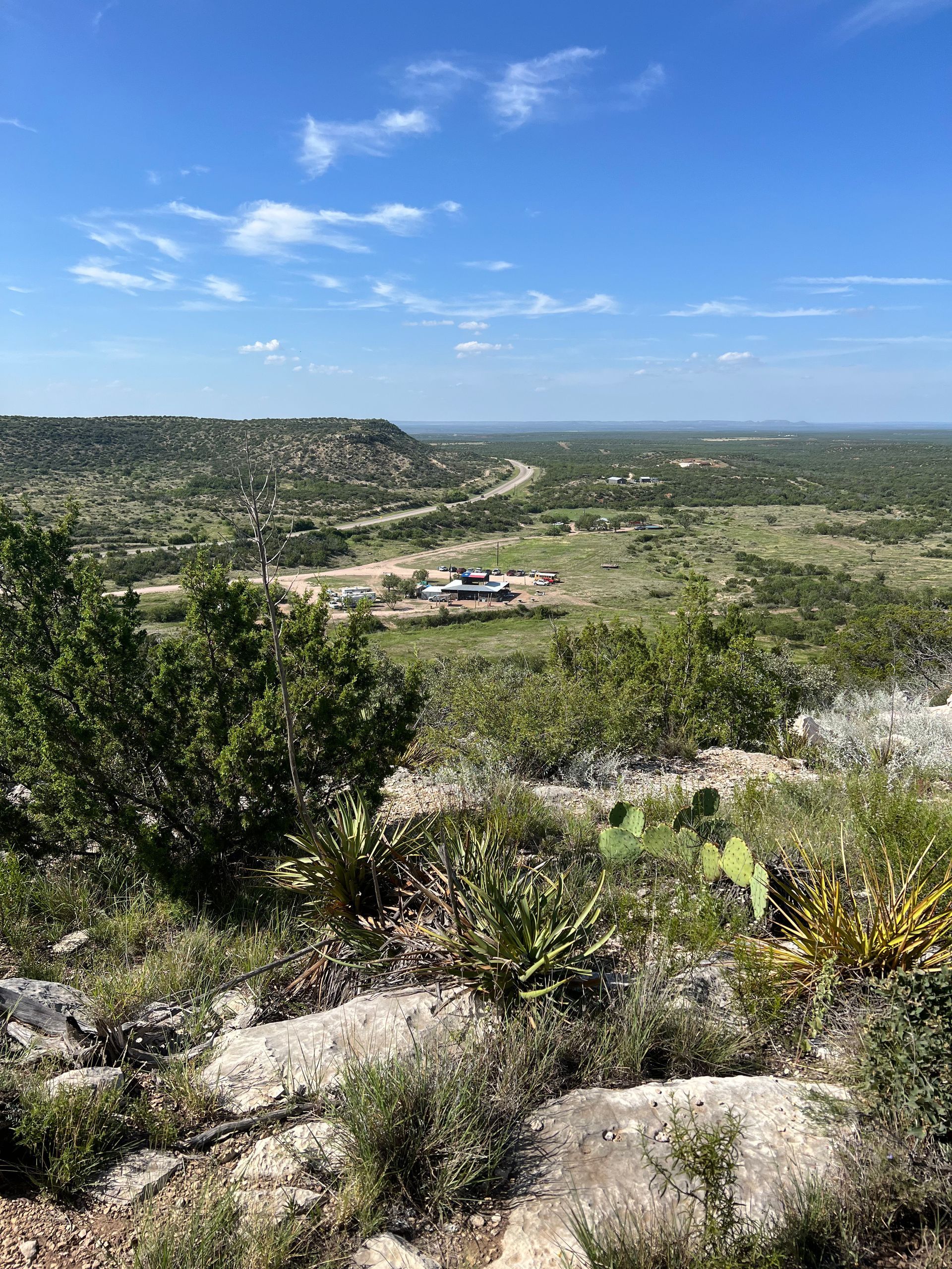 Rocky desert valley with green shrubs, low mesas, and a bright blue sky with scattered clouds