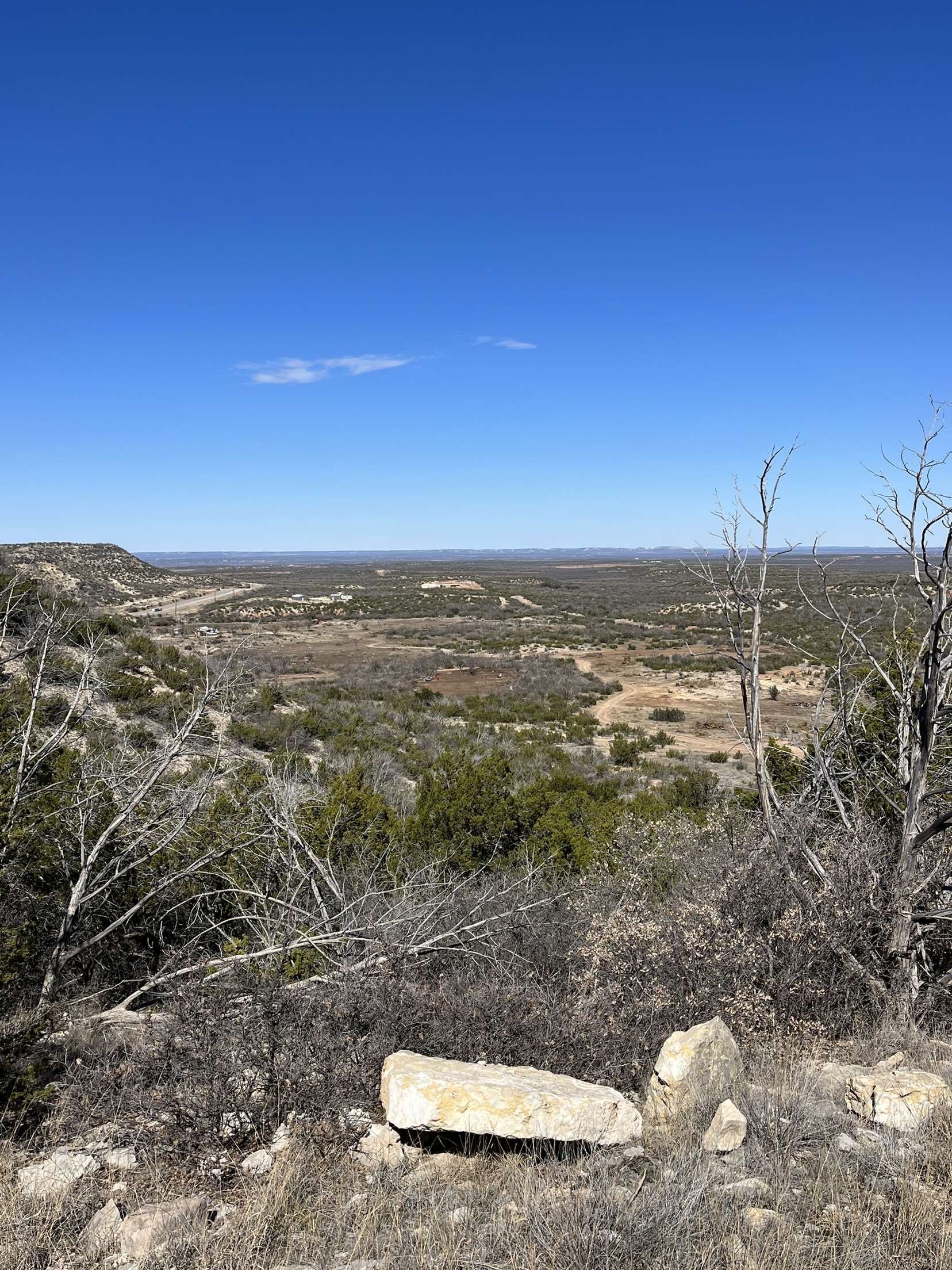 Arid hillside overlook with brush, rocks, and a wide blue sky over a distant valley