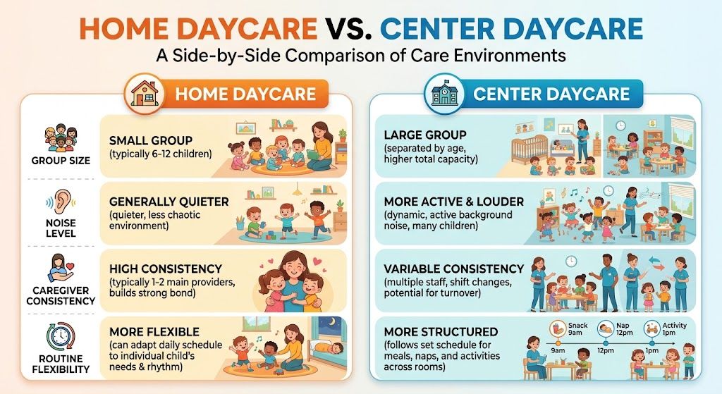Comparison chart showing home based daycare vs center daycare differences