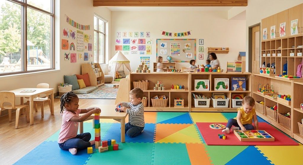Bright clean daycare classroom with organized toys meeting daycare safety standards