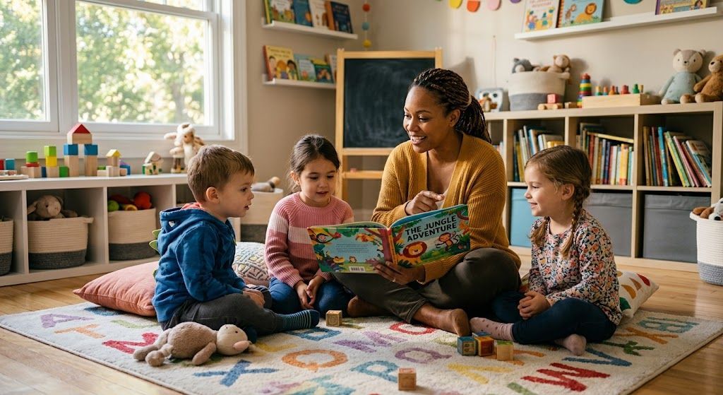 Caregiver reading to small group of toddlers in a licensed home daycare setting in Oakland County
