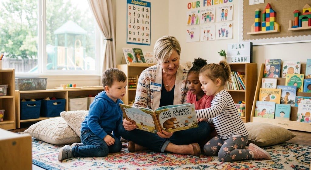 Teacher reading a picture book to toddlers during social early learning storytime.