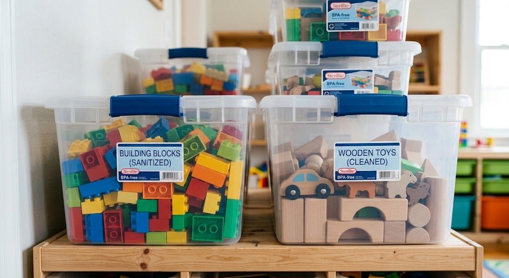Sanitized daycare toys and clean learning supplies on low shelves