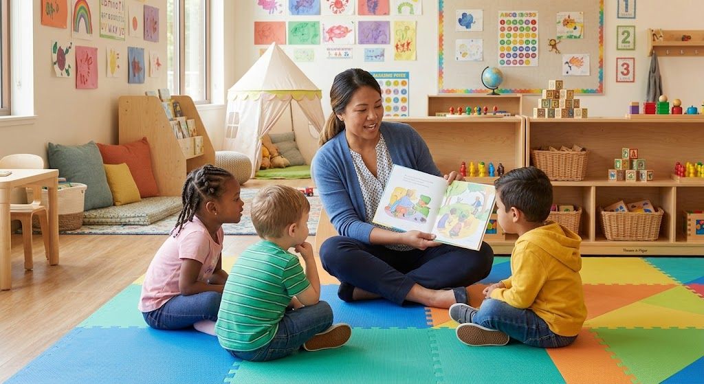 Caring early childhood education teacher reading to attentive toddlers