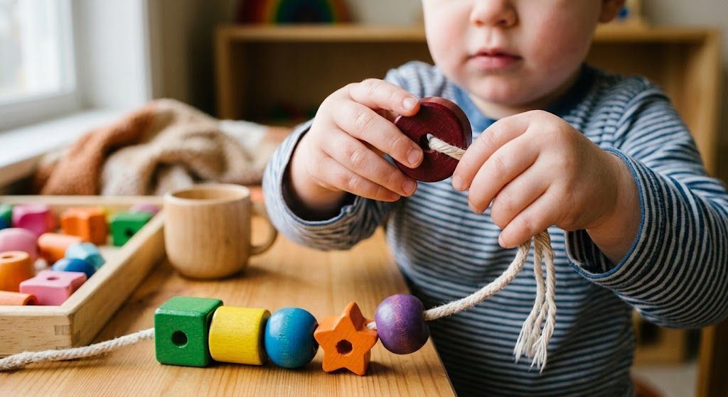 Toddler practicing fine motor skills by stringing large colorful beads in preschool care.