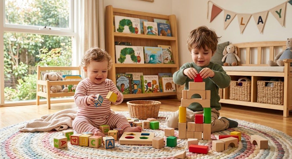 Infants and toddlers playing together in a multi-age licensed home daycare
