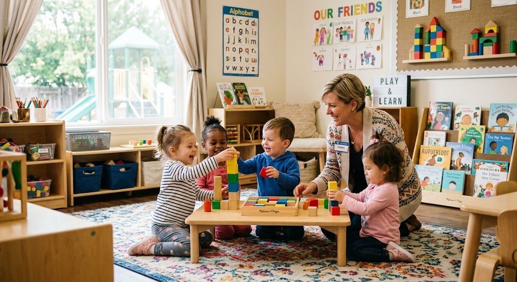 Toddlers learning and playing with colorful wooden blocks in an early childhood education classroom 