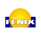 Logotipo do Fenix ​​Hotel: sol amarelo sobre retângulo azul com a inscrição 