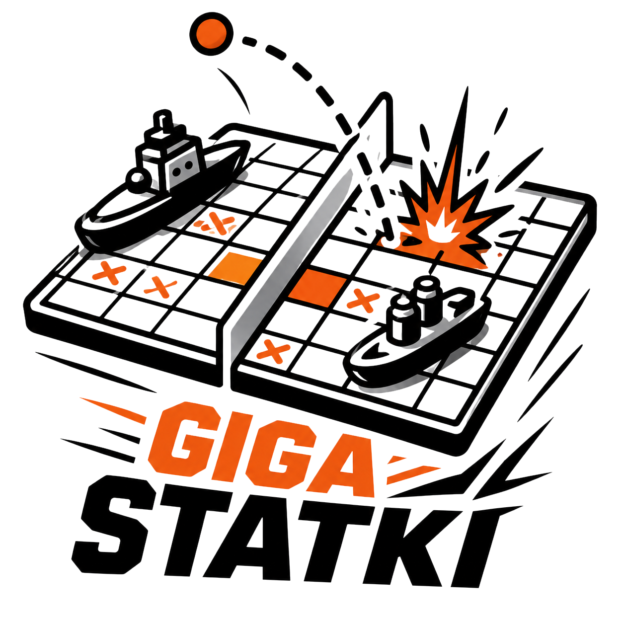 Logo gry w stylu „Battleship” ze statkami, pomarańczowymi trafieniami i tekstem „GIGA STATKI”