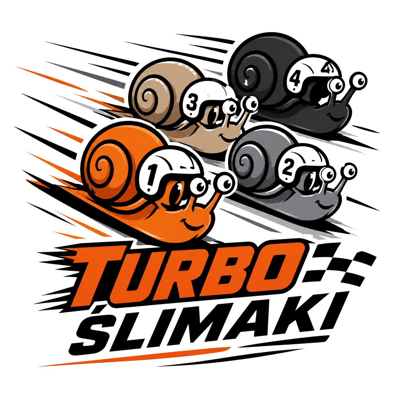 Logo Turbo Slimaki z czterema szybko poruszającymi się ślimakami w kolorze pomarańczowym, jasnobrązowym, czarnym i szarym
