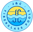 J&C Fiberglass Pool circular logo in blue and yellow with stylized pool/water waves