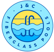 J&C Fiberglass Pool circular logo in blue and yellow with stylized pool/water waves