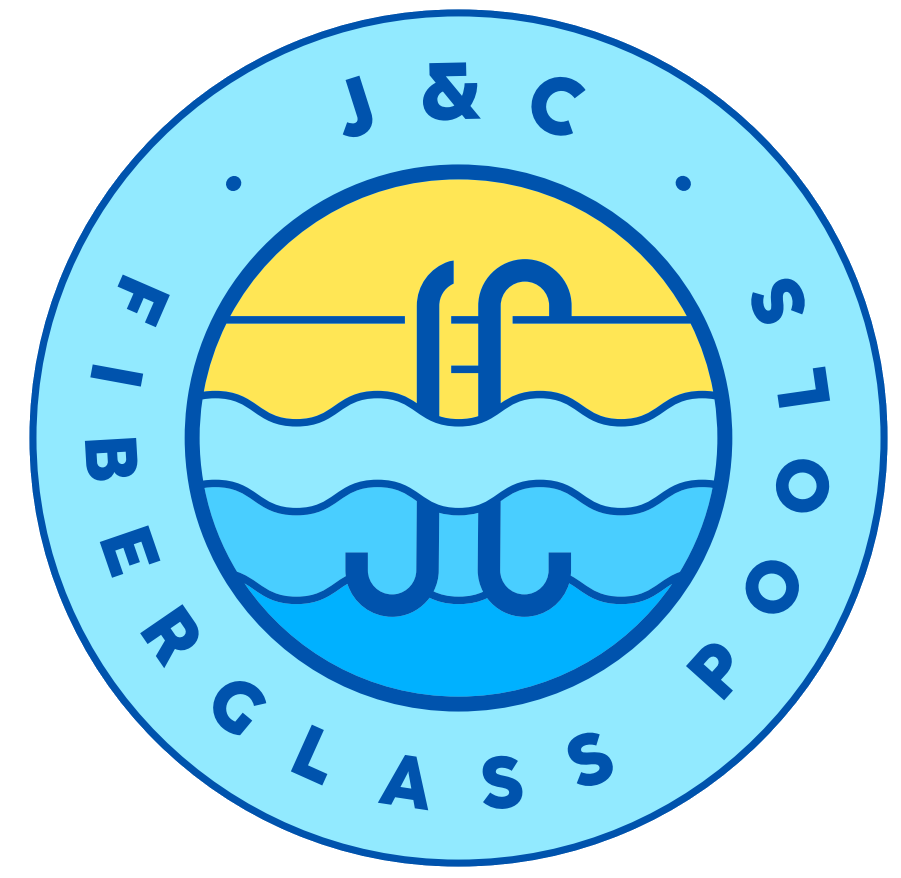 J&C Fiberglass Pool circular logo in blue and yellow with stylized pool/water waves