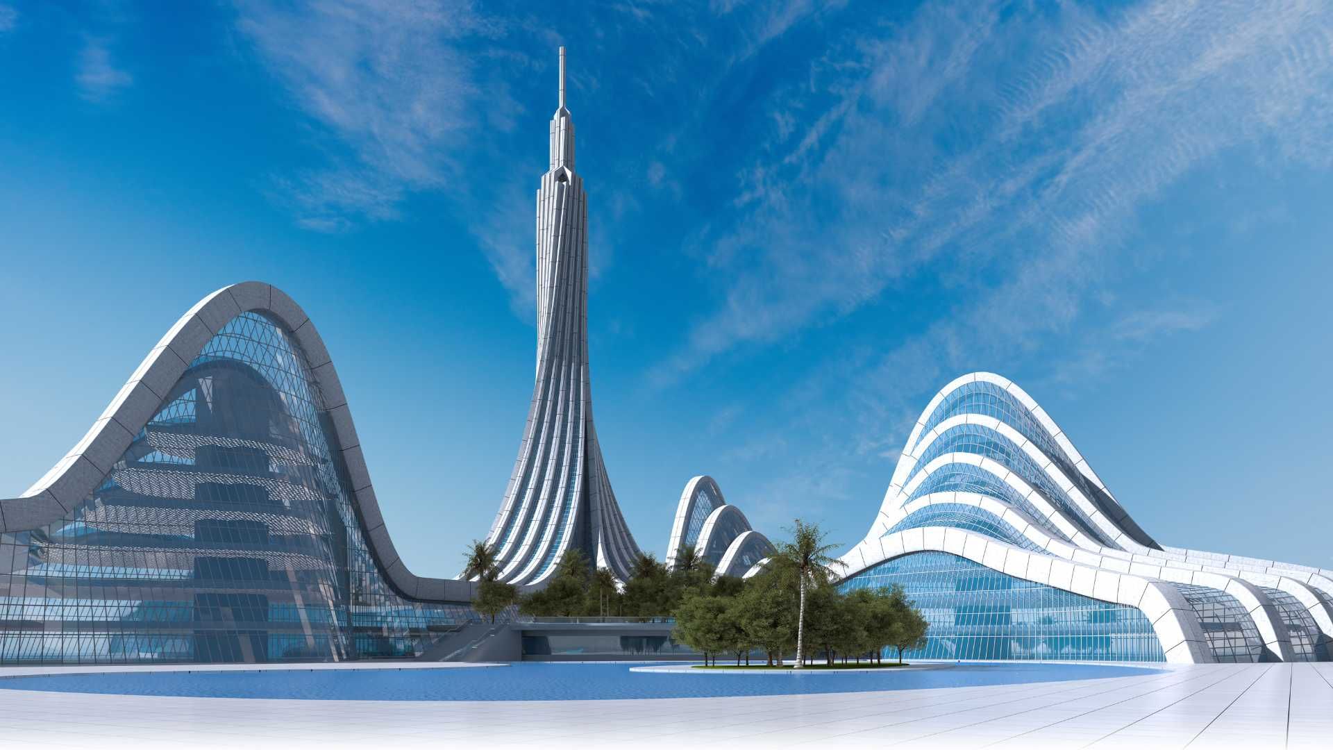 A computer generated image of a futuristic city with a very tall building in the middle.