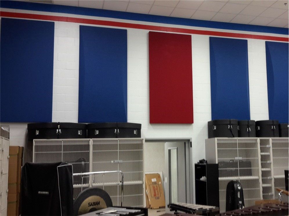 A red white and blue striped wall in a store