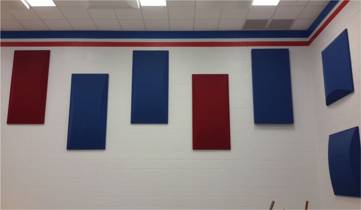 A room with red and blue squares on the wall