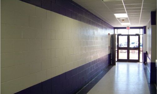 A hallway with purple and white brick walls and a door.