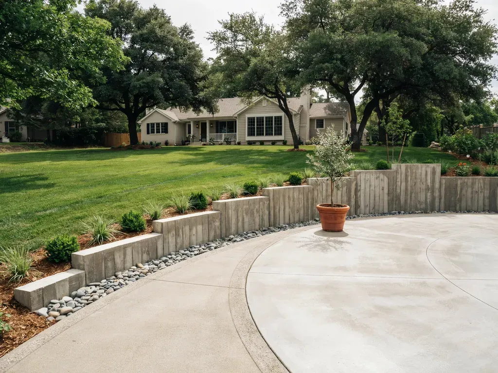 Curved concrete patio with potted plants overlooking a green lawn and house in the background