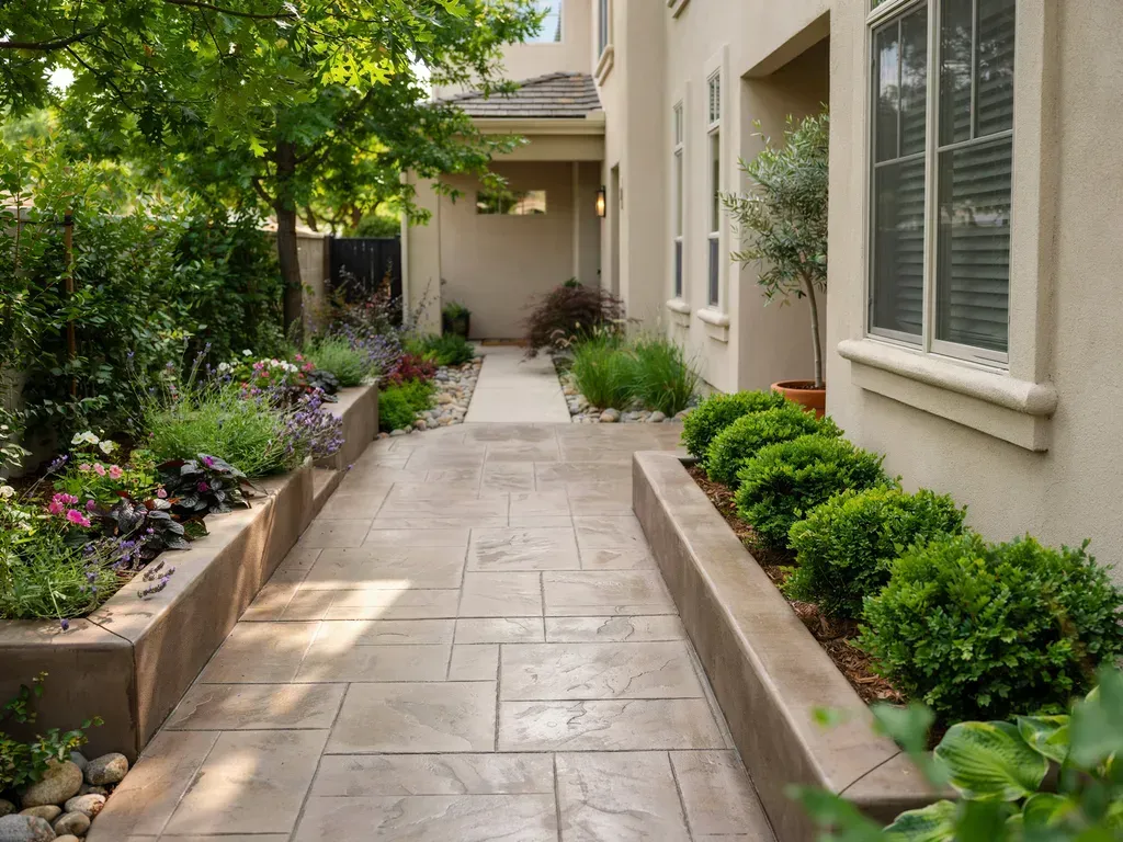 Landscaped side walkway beside a beige house, with flower beds and shrubs along the path