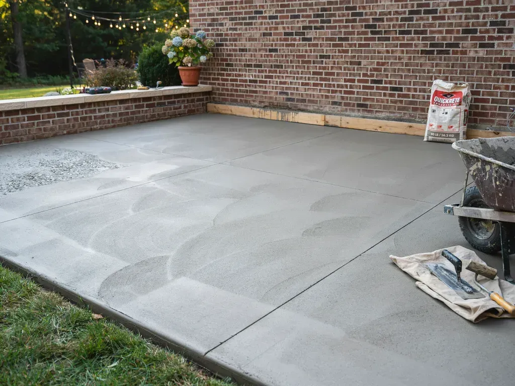Freshly poured concrete patio beside a brick wall, with tools and a wheelbarrow nearby.