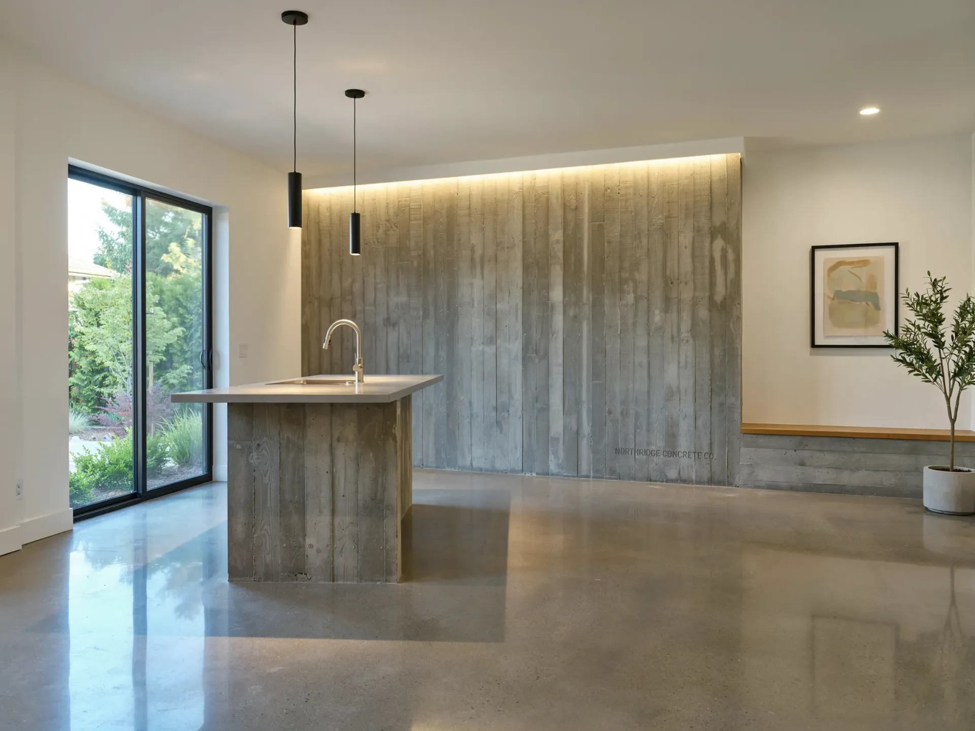 Modern minimalist kitchen with concrete island, wood accent wall, and large windowed view