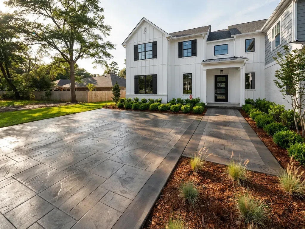 Modern white two-story house with a large paved driveway and landscaped front yard