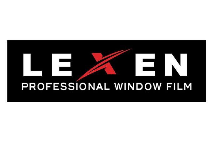 The logo for lexen professional window film is black and red.