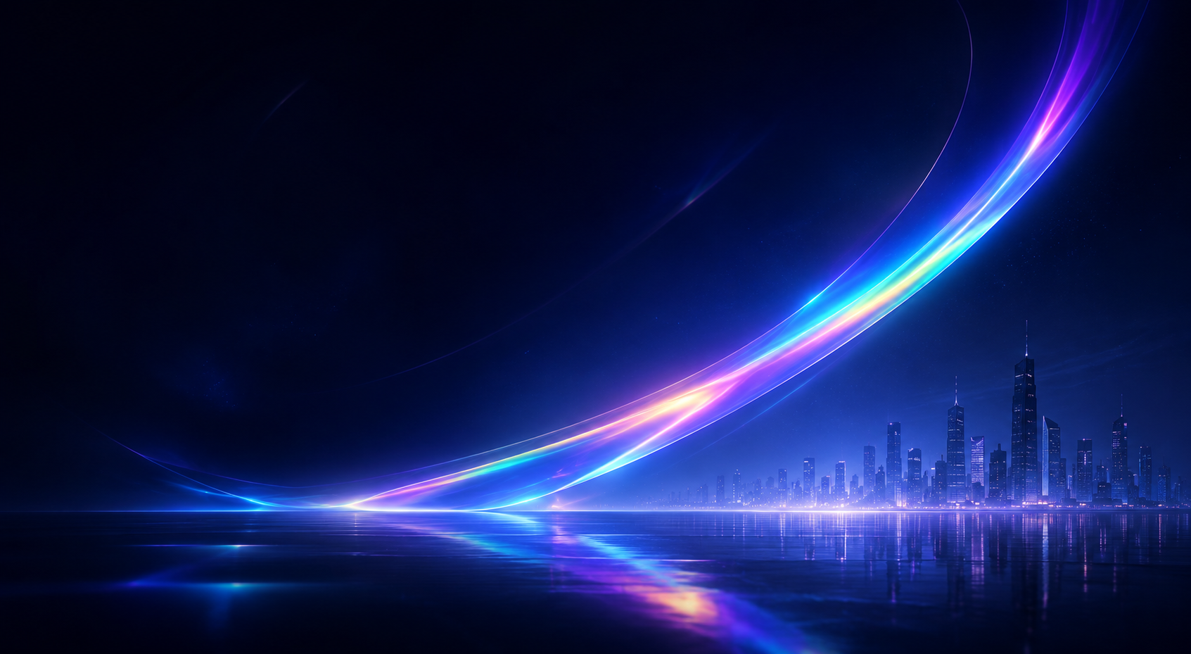Neon blue and purple light trails arcing over a futuristic city skyline reflected on water at night