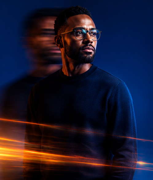 Portrait of a man in glasses against a dark blue background with orange light streaks