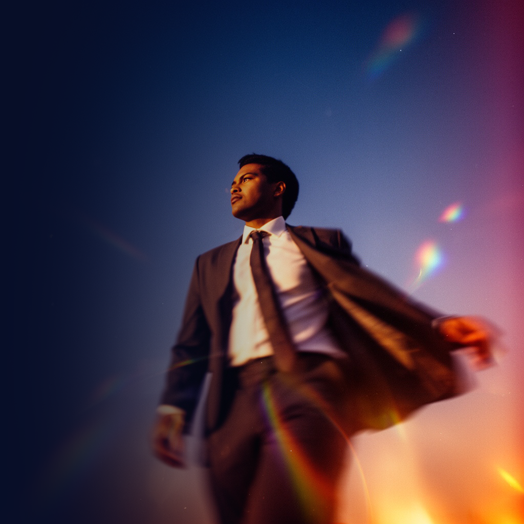 Man in a suit standing against a dramatic blue and orange sky, coat caught in the wind