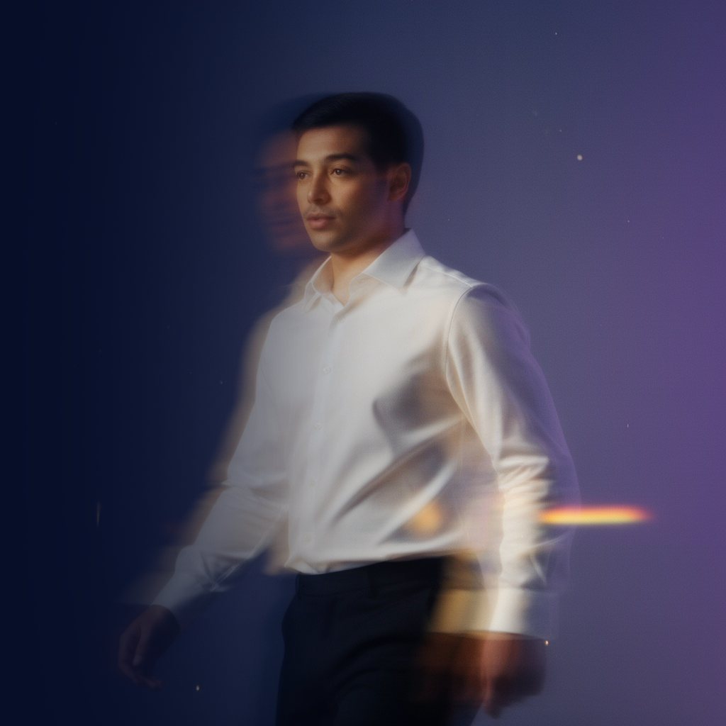 Portrait of a person in a white shirt and glasses, lit by orange light streaks against a dark blue background