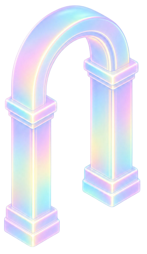 Pastel iridescent archway with two square columns, glowing in soft rainbow hues