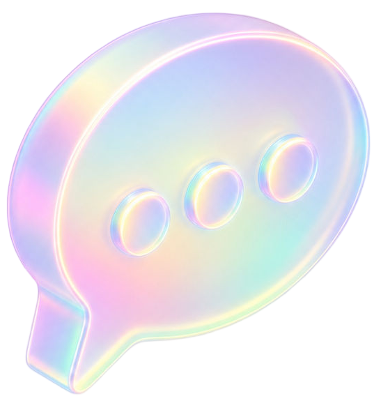 Iridescent speech bubble icon with three dots on a white background