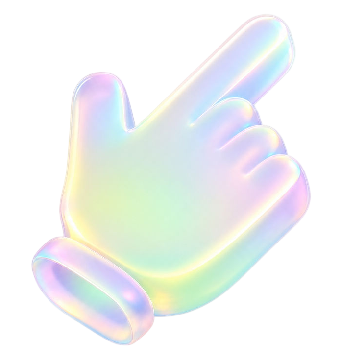 Iridescent 3D pointing hand icon on a white background