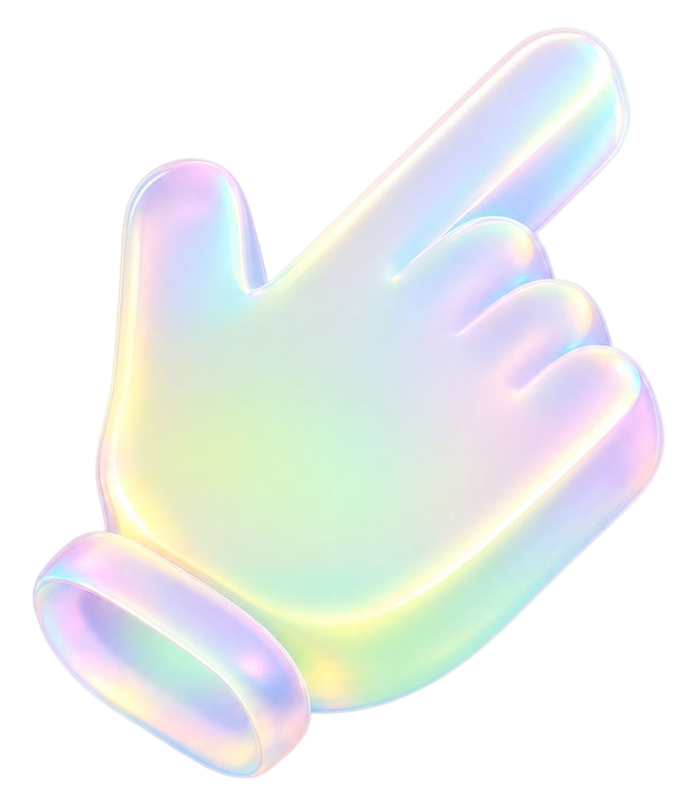 Iridescent hand cursor icon with a pointing finger on a white background