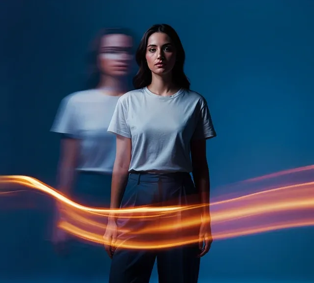 Woman in white shirt stands before a blurred duplicate, with orange light streaks on a blue background