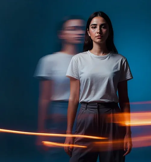 Woman in white shirt stands in blue-lit studio as a blurred figure moves behind her with orange light streaks