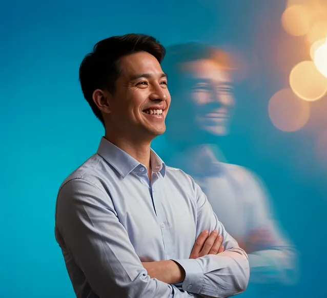 Smiling man in a light blue shirt with arms crossed against a teal background and soft blurred lights