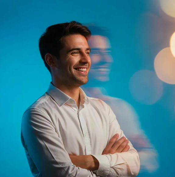 Smiling man in a white shirt with arms crossed against a blue background with blurred lights