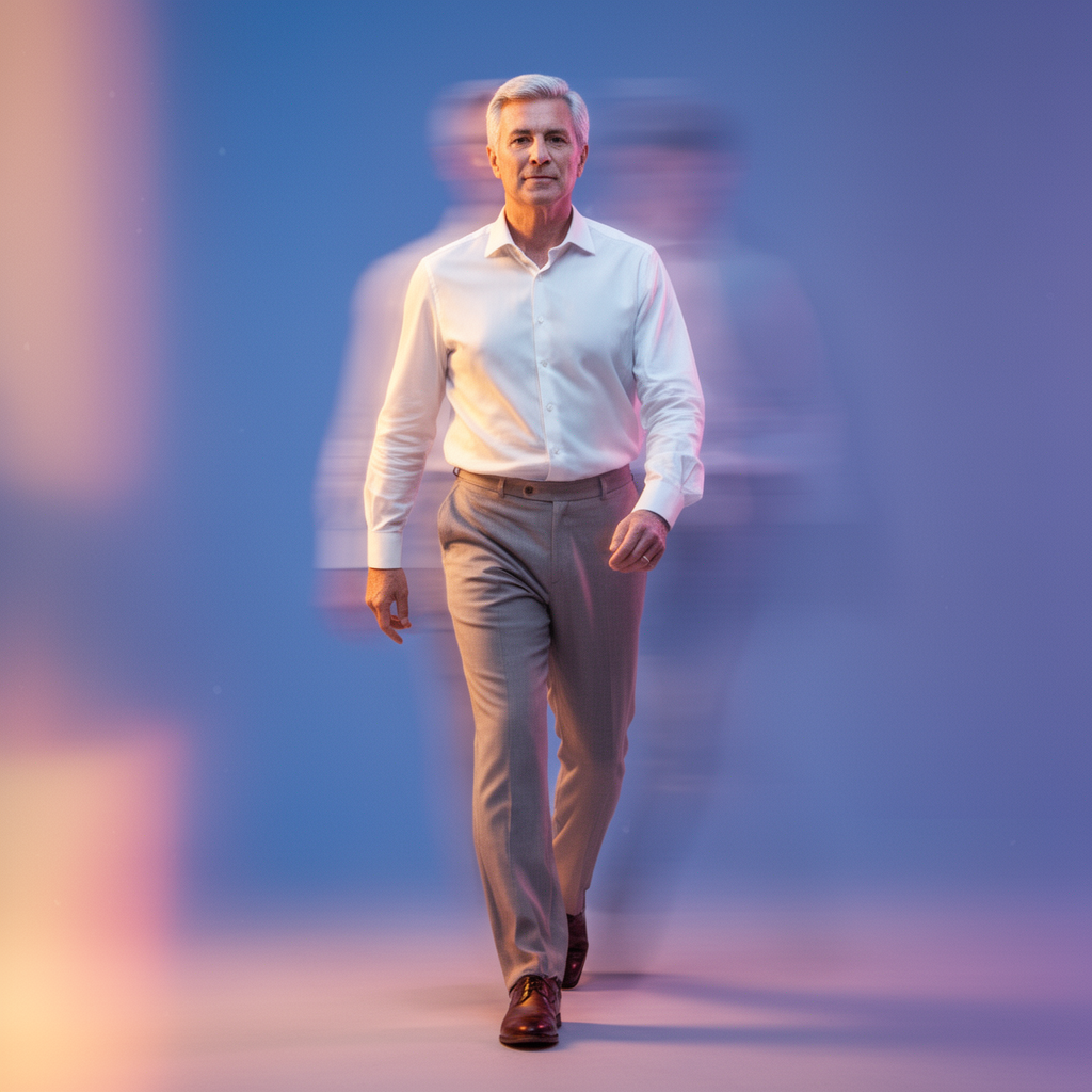 Man in a white shirt walking forward against a blurred pastel background