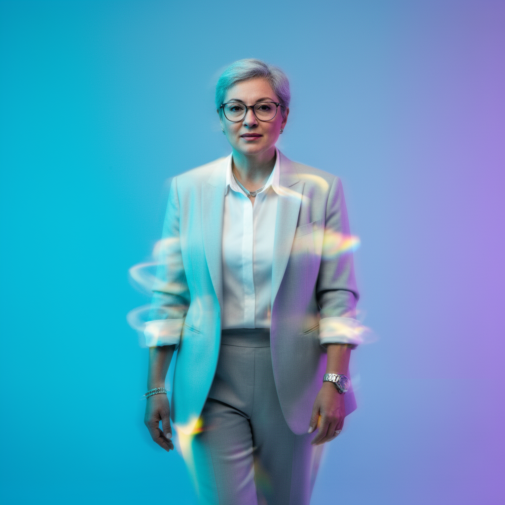 Side profile of a person with warm light streaks and a faint double exposure on a blue background