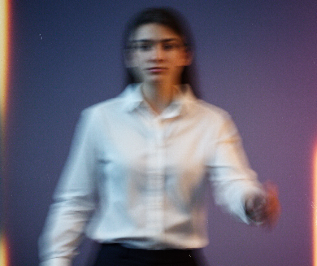 Blurry person in a white shirt standing against a purple background, reaching one arm forward.