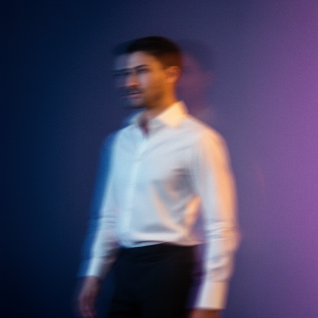 Blurry person in a white shirt standing against a blue background